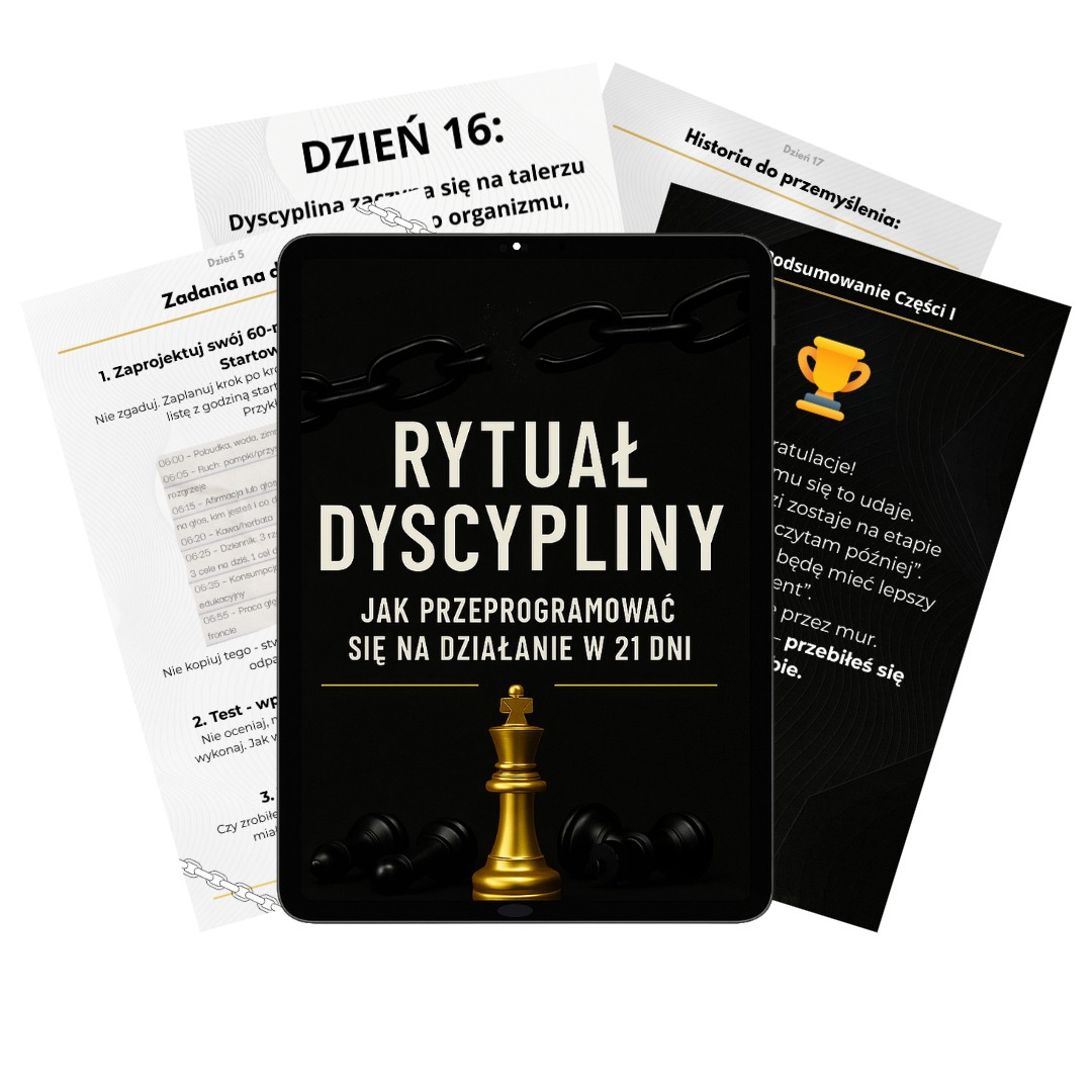 Okładka e-booka Rytuał Dyscypliny na tablecie, otoczona przykładowymi stronami materiału